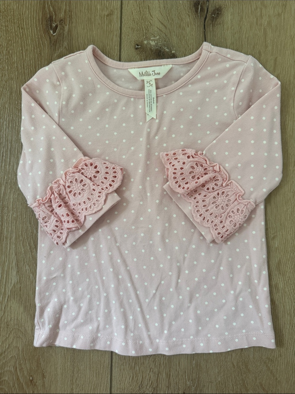 Matilda Jane Light Pink Polka Dot Top with Eyelet Ruffle Sleeves
